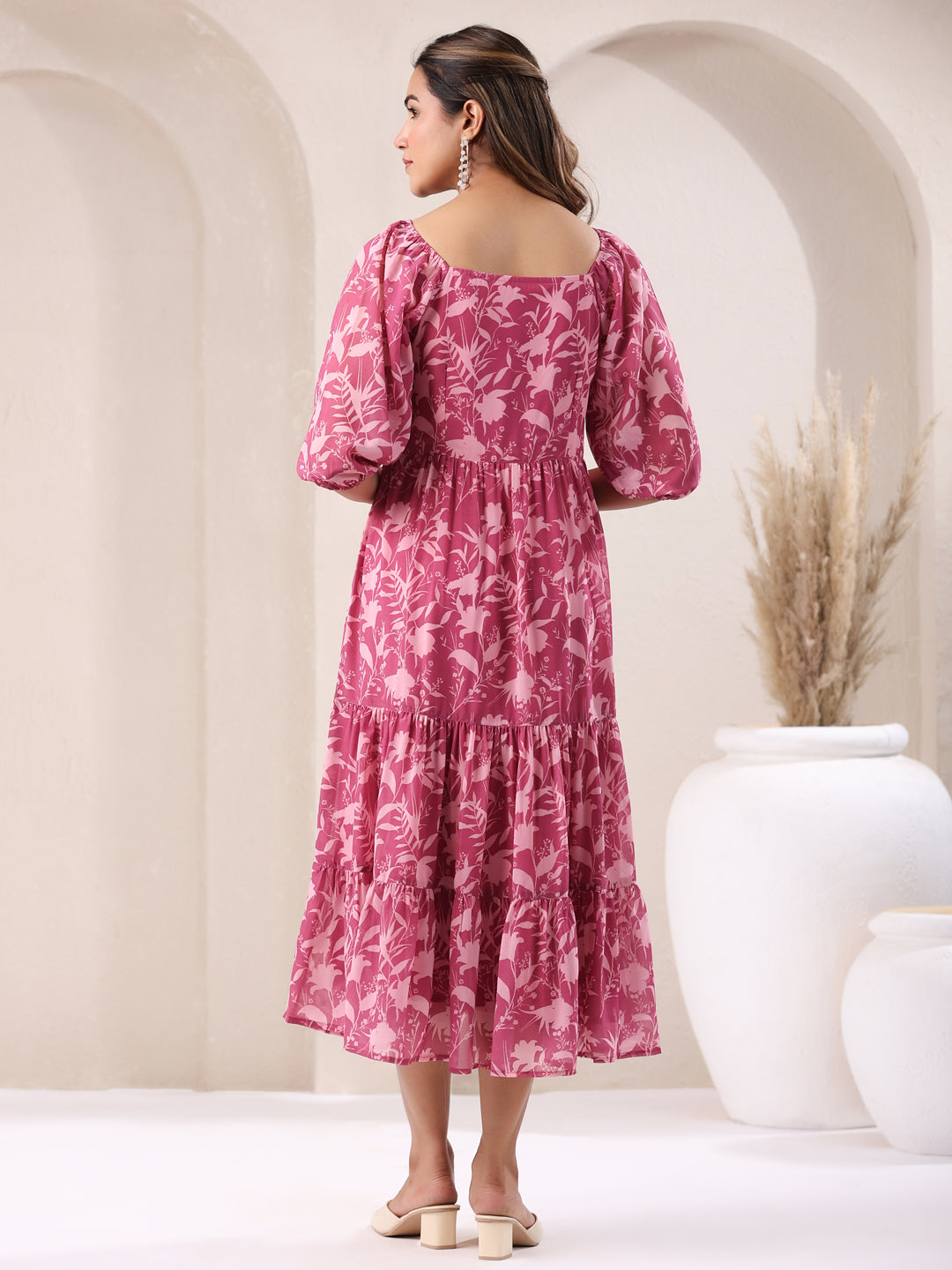 Pink Georgette Floral Printed Tiered Dress