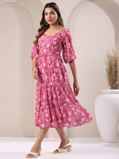 Pink Georgette Floral Printed Tiered Dress