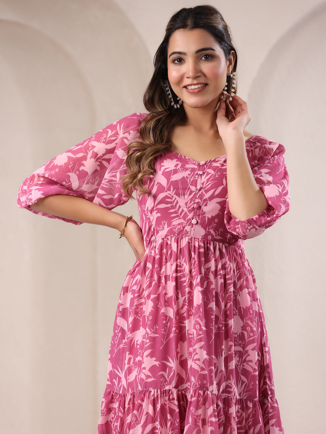 Pink Georgette Floral Printed Tiered Dress