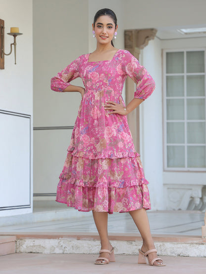 Pink Georgette Floral Printed Tiered Dress