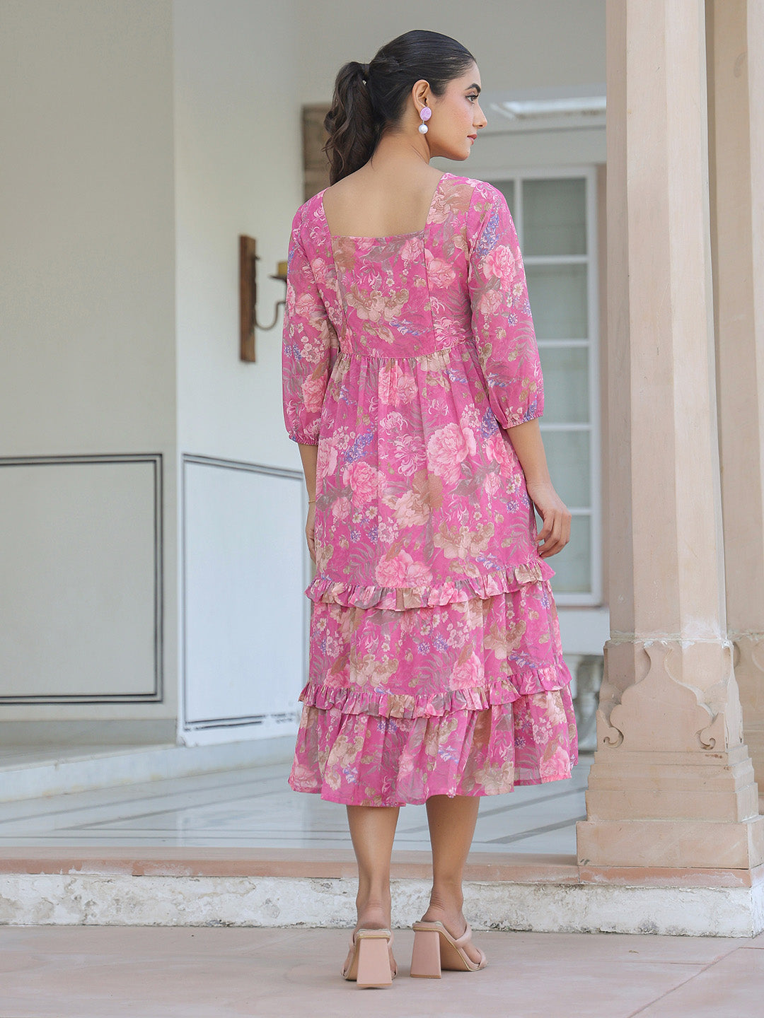 Pink Georgette Floral Printed Tiered Dress