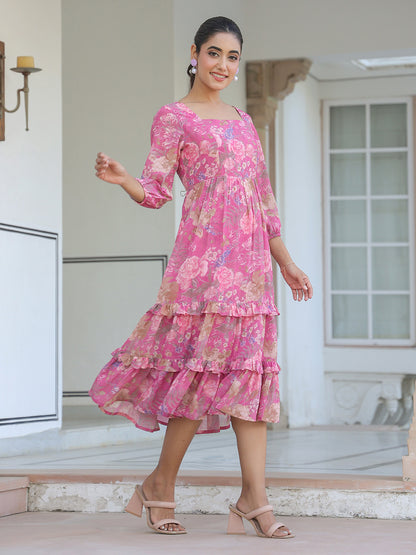 Pink Georgette Floral Printed Tiered Dress