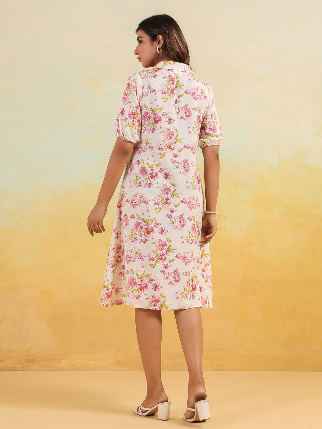 Janasya Women's Off White Linen Cotton Floral Printed A-line Button Down Shirt Dress