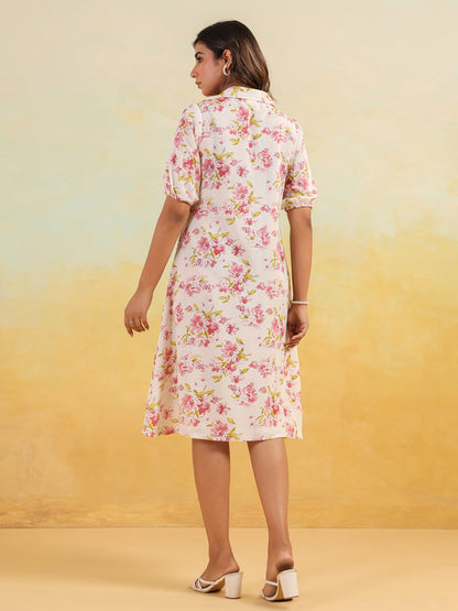 Janasya Women's Off White Linen Cotton Floral Printed A-line Button Down Shirt Dress