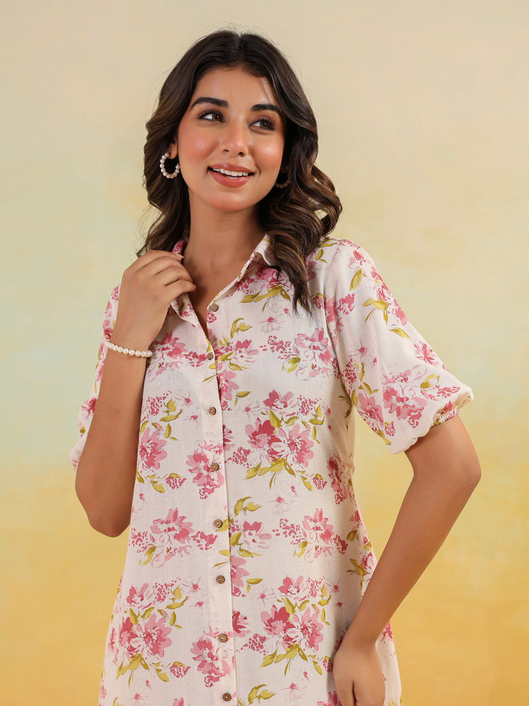 Janasya Women's Off White Linen Cotton Floral Printed A-line Button Down Shirt Dress