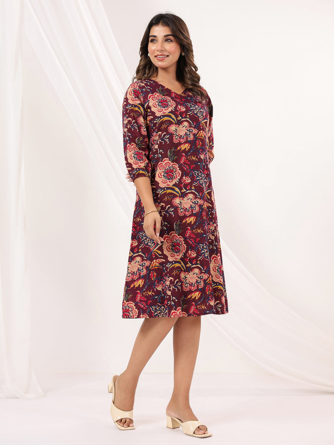Janasya Women's Wine Pure Cotton Floral Peinted A-line Dress