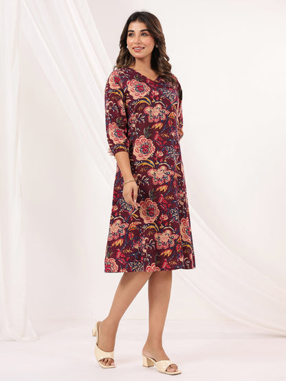 Janasya Women's Wine Pure Cotton Floral Peinted A-line Dress