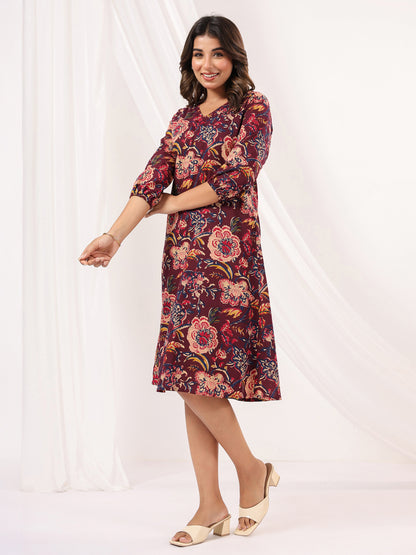 Janasya Women's Wine Pure Cotton Floral Peinted A-line Dress
