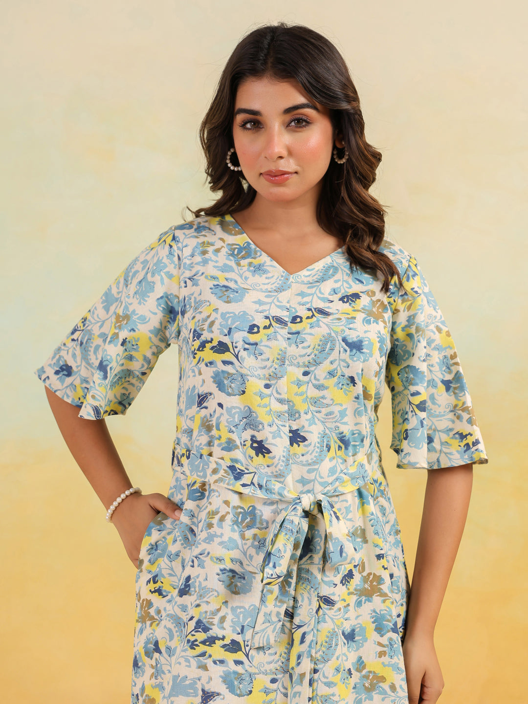 Janasya Women's Off White Linen Cotton Floral Printed A-line Dress