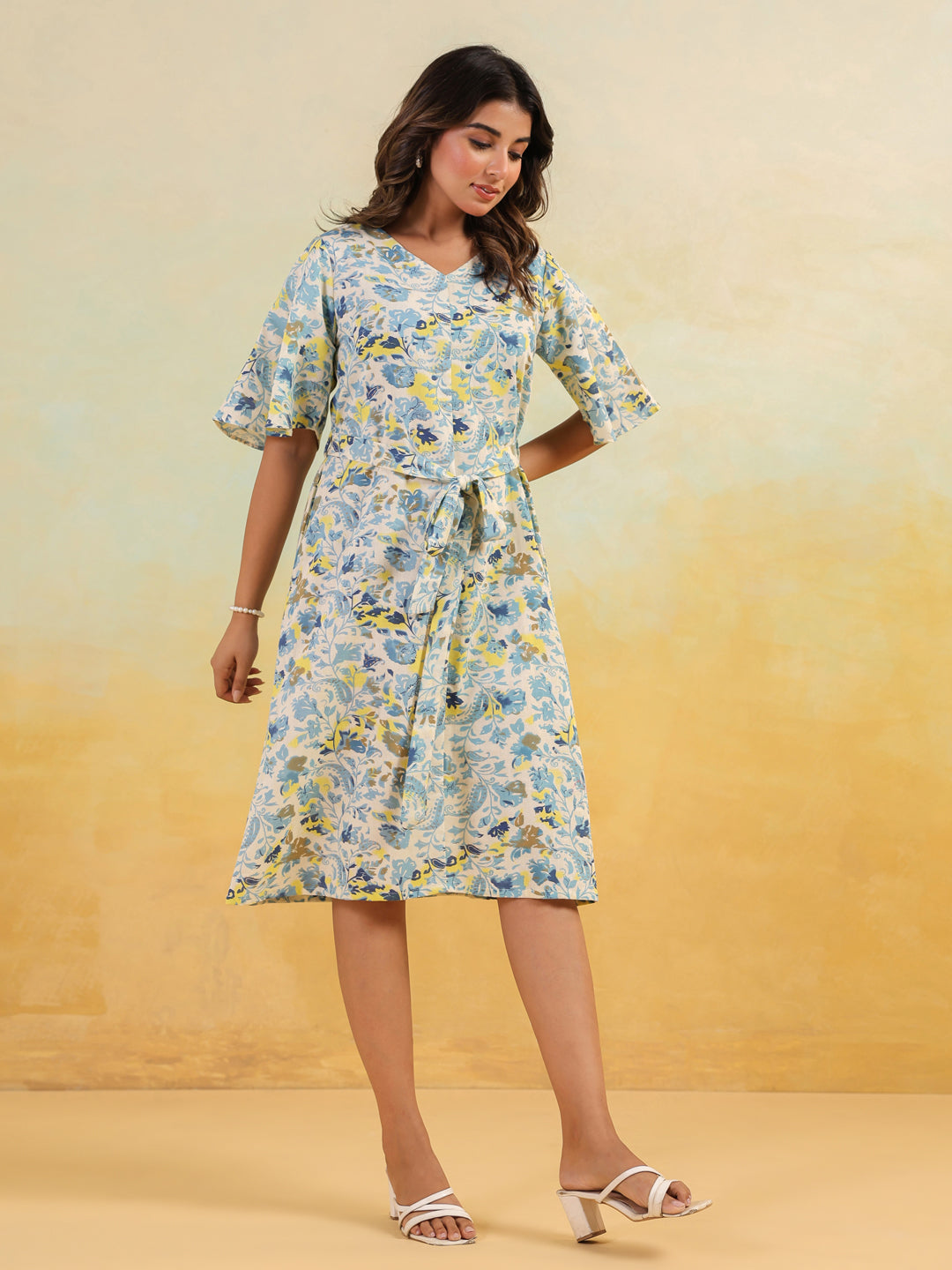 Janasya Women's Off White Linen Cotton Floral Printed A-line Dress