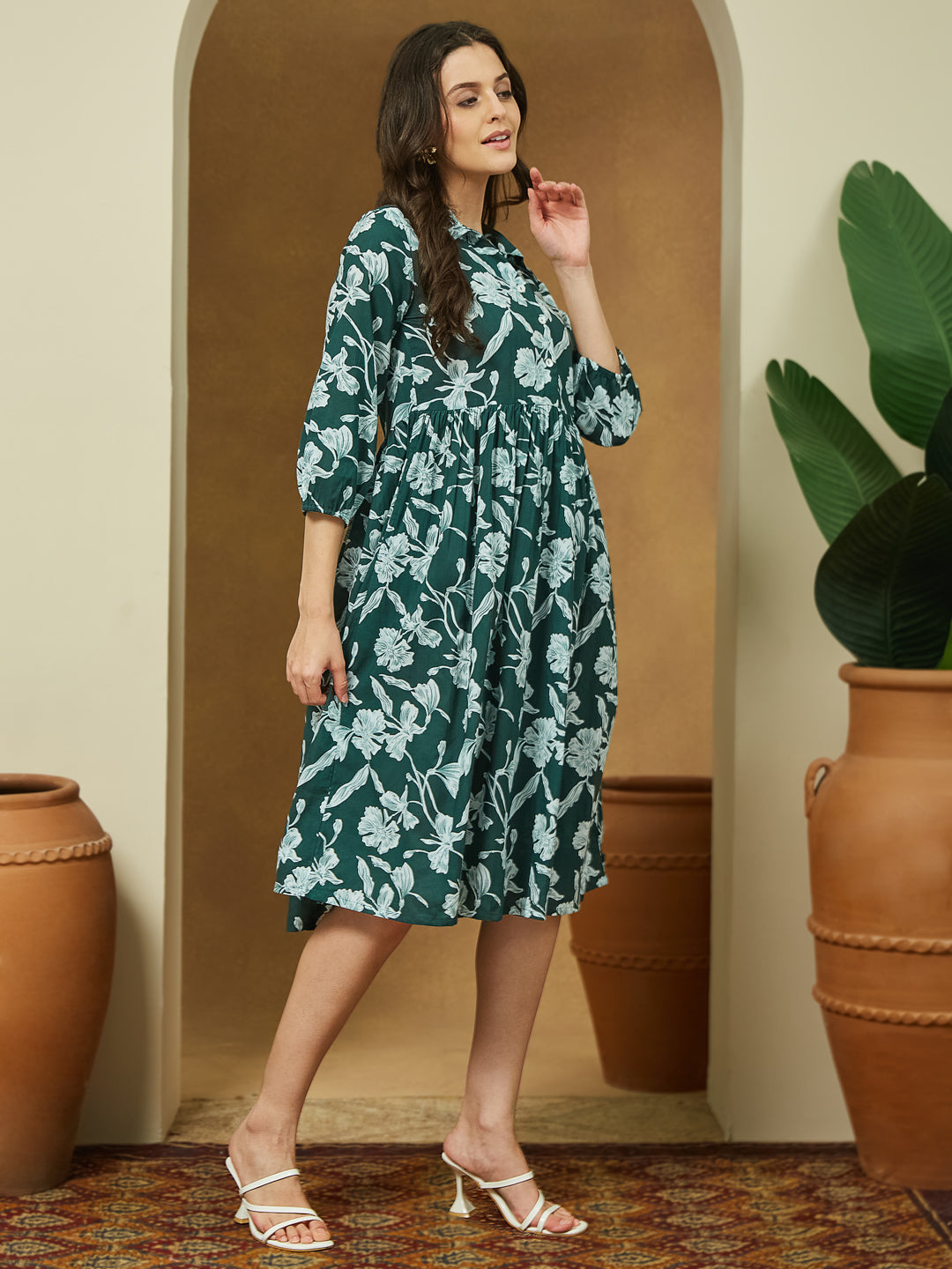 Janasya Women's Green Pure Cotton Floral Printed Fit & Flare Dress