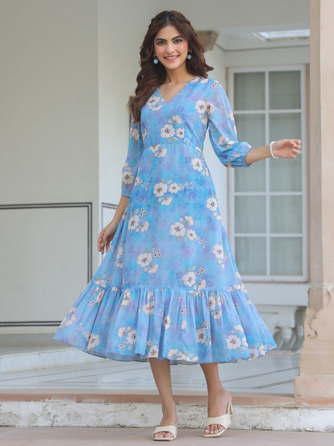 Blue Georgette Floral Printed A-line Dress
