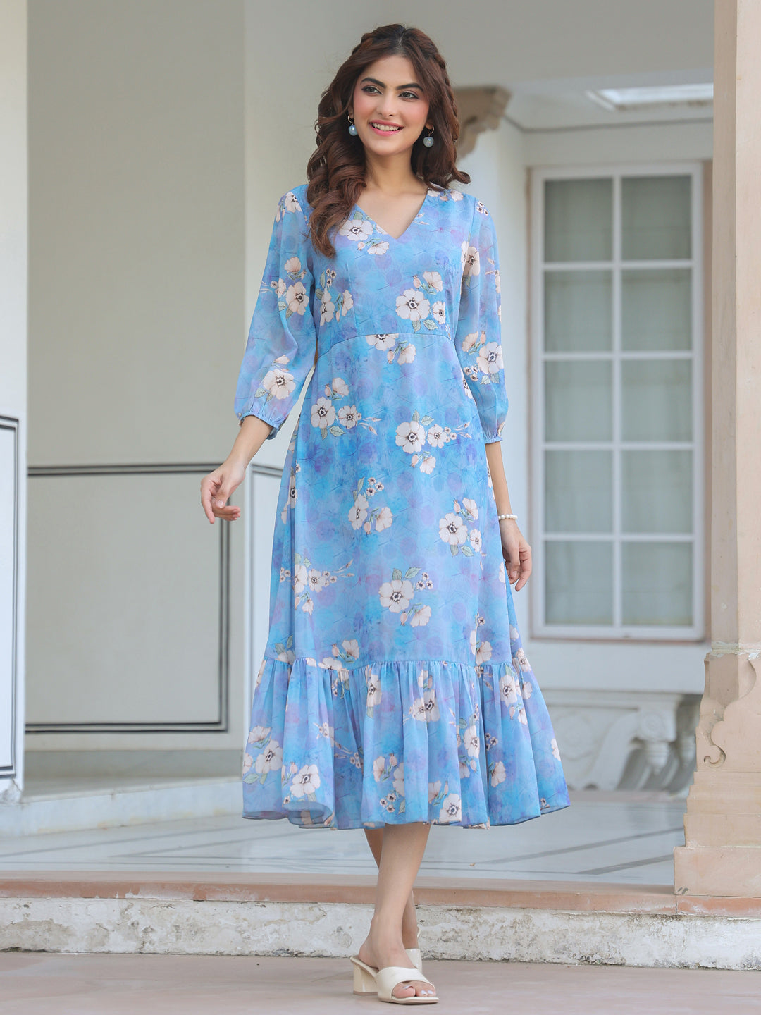Blue Georgette Floral Printed A-line Dress