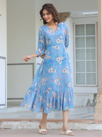 Blue Georgette Floral Printed A-line Dress