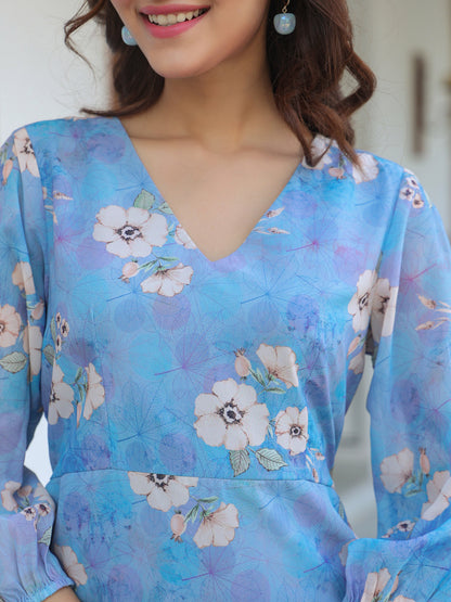 Blue Georgette Floral Printed A-line Dress