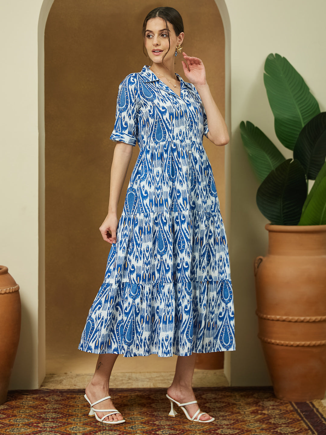 Janasya Women's Indigo Blue Linen Cotton Ikkat Printed Tiered Dress