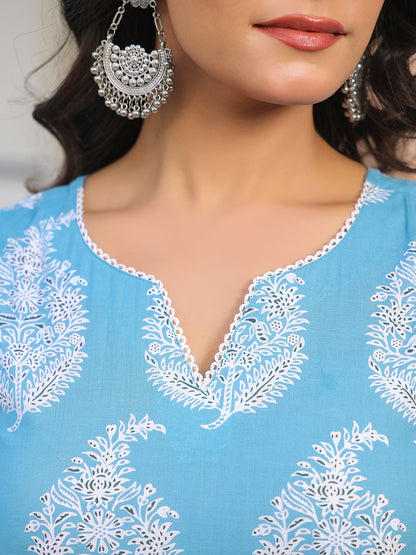 Sky Blue Pure Cotton Ethnic Motifs Printed Straight Kurta Pant Set