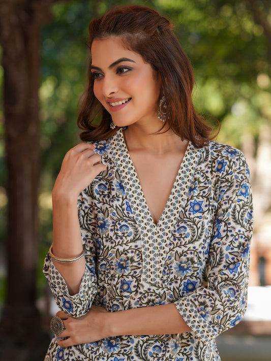 Cream Pure Cotton Floral Printed Straight Kurta Pant Set
