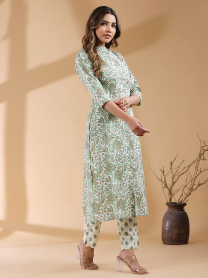 Cream Pure Cotton Floral Printed Straight Kurta Pant Set