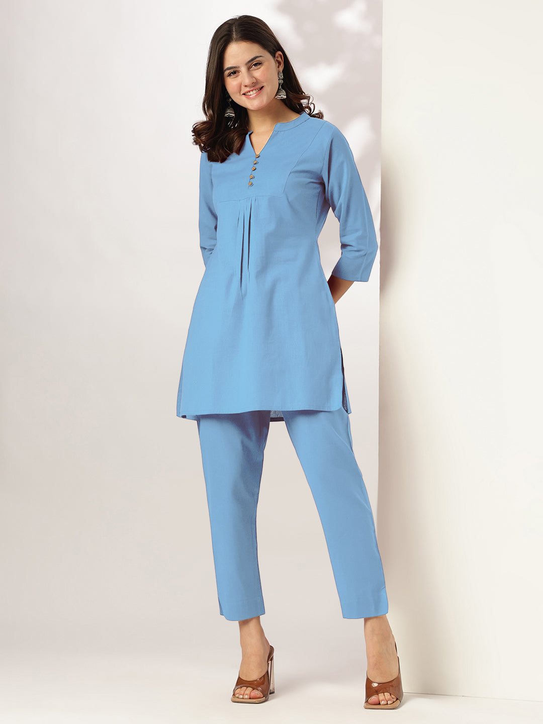 Janasya Women's Light Blue Linen Cotton Solid A-line Co-ord Set