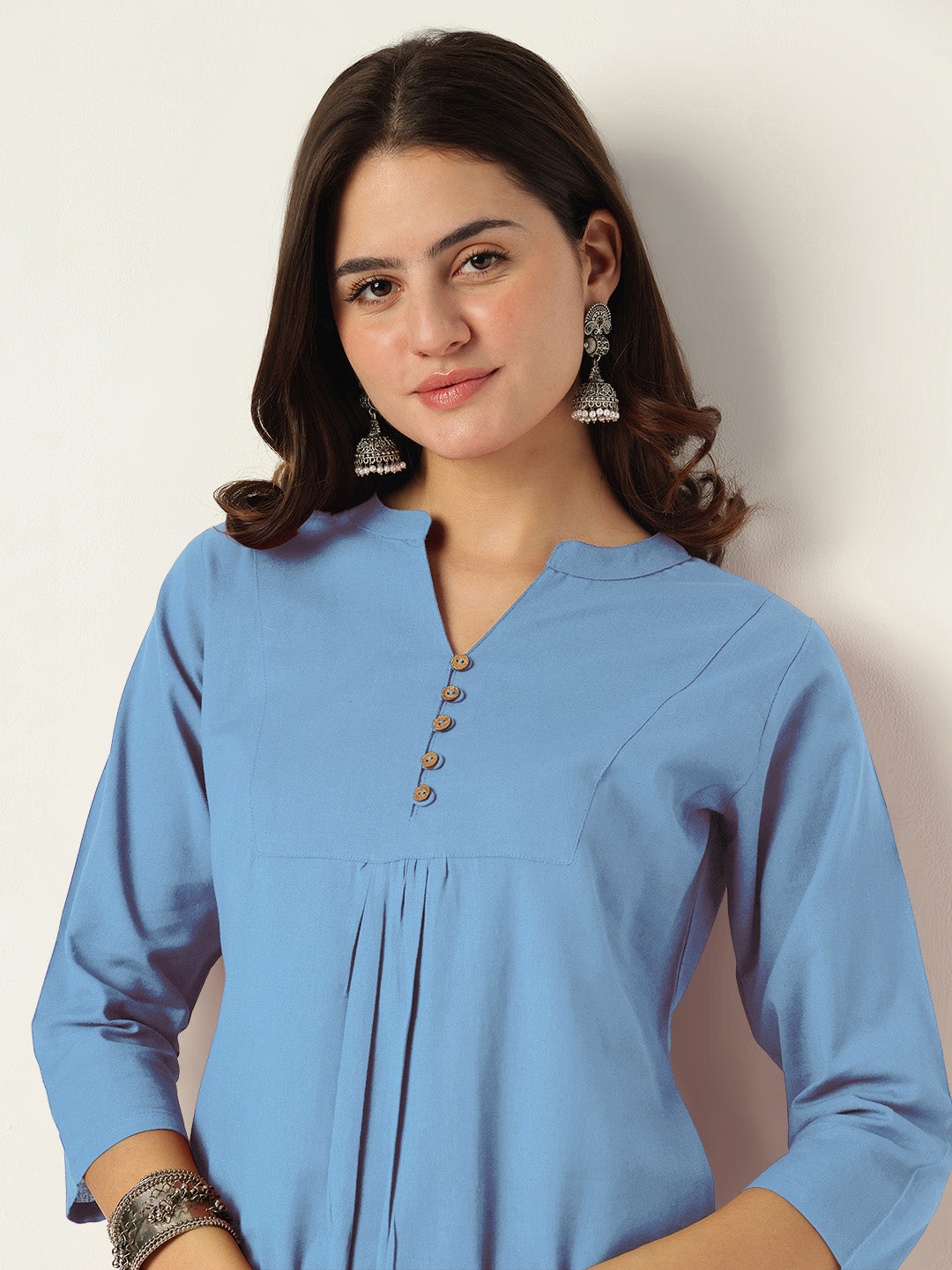 Janasya Women's Light Blue Linen Cotton Solid A-line Co-ord Set