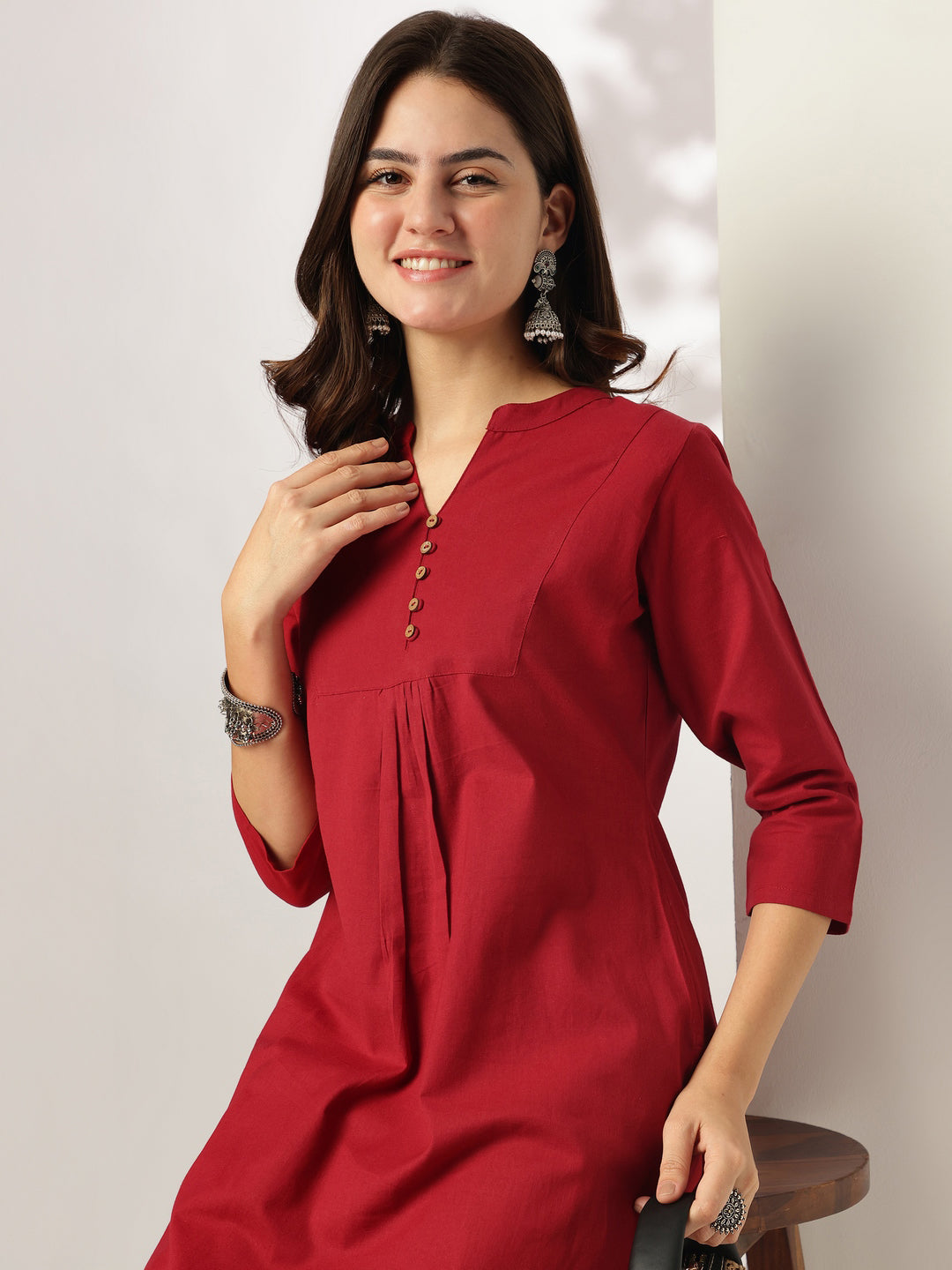 Maroon Cotton Solid A-line Co-ord Set