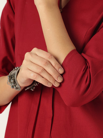 Maroon Cotton Solid A-line Co-ord Set