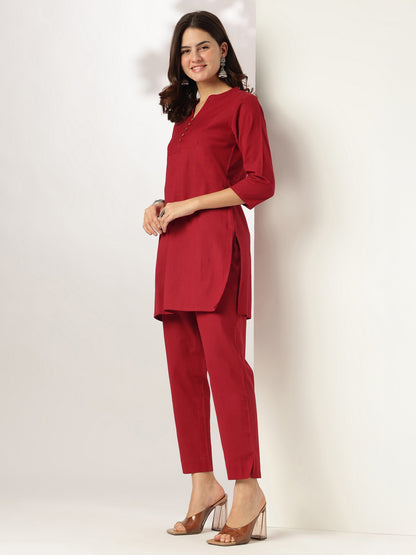 Maroon Cotton Solid A-line Co-ord Set