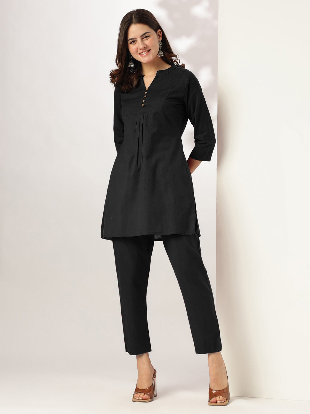 Janasya Women's Black Cotton Solid A-line Co-ord Set