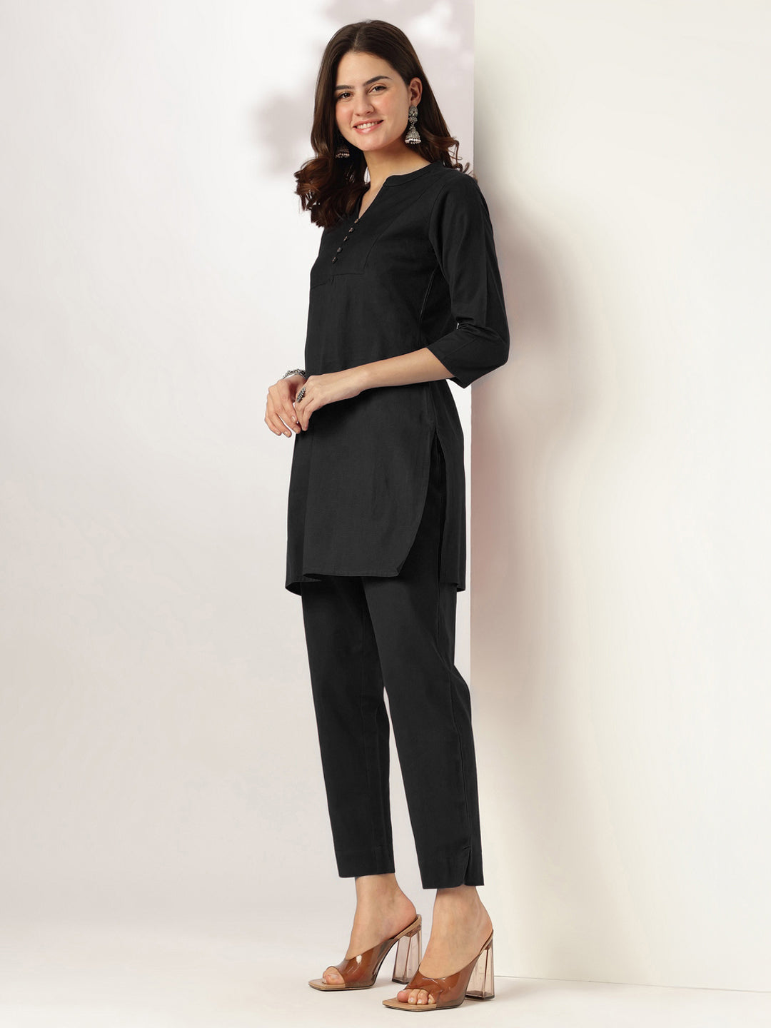 Janasya Women's Black Cotton Solid A-line Co-ord Set