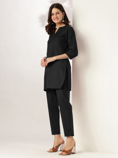 Janasya Women's Black Cotton Solid A-line Co-ord Set