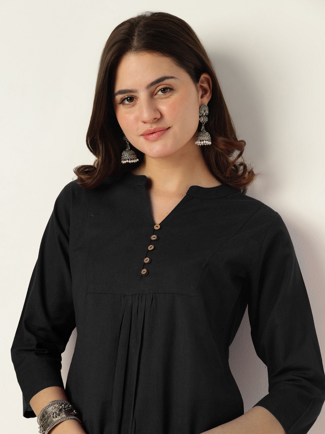 Janasya Women's Black Cotton Solid A-line Co-ord Set