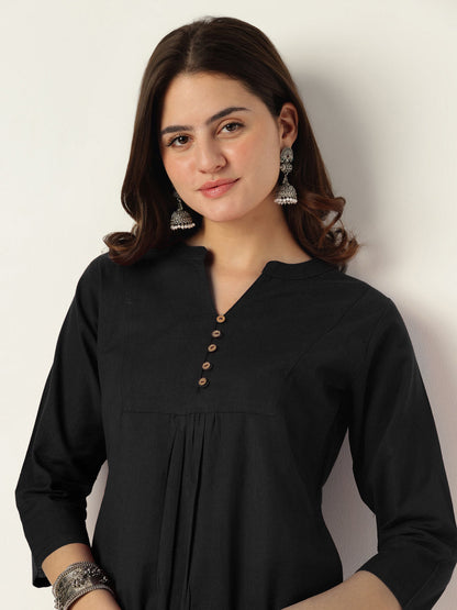 Janasya Women's Black Cotton Solid A-line Co-ord Set