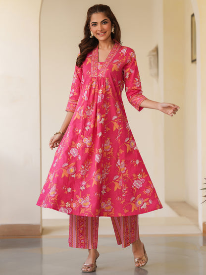 Pink Pure Cotton Floral Printed A-line Kurta Pant Set