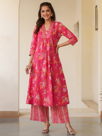 Pink Pure Cotton Floral Printed A-line Kurta Pant Set
