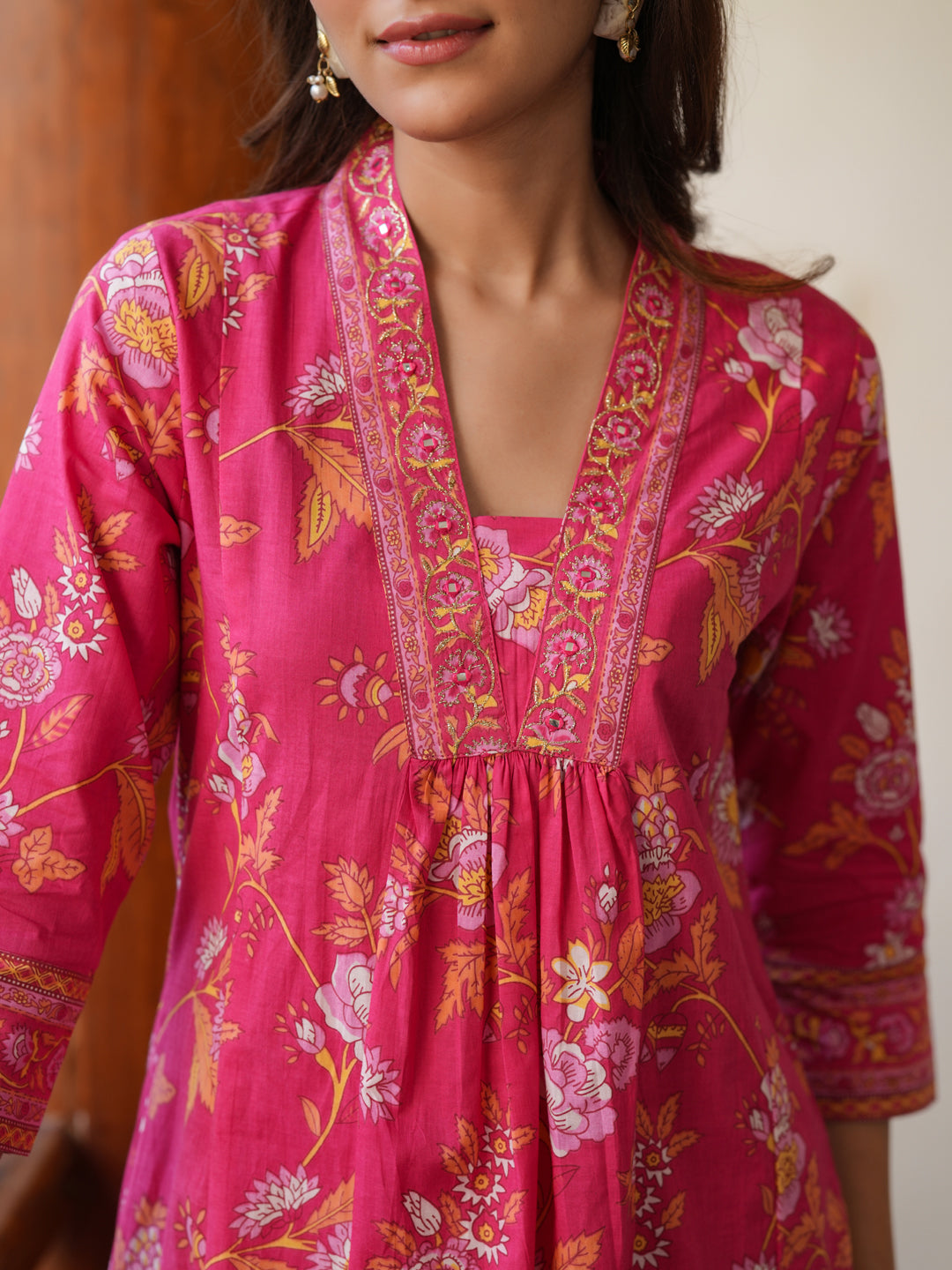 Pink Pure Cotton Floral Printed A-line Kurta Pant Set