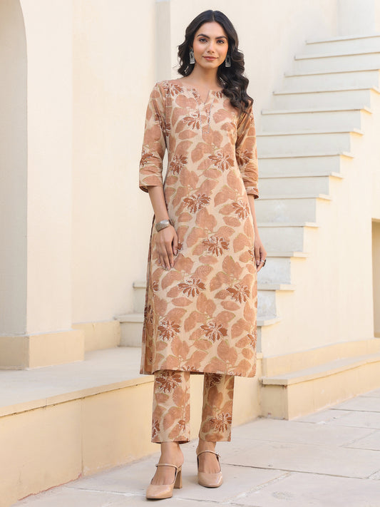 Beige Pure Cotton Floral Printed Straight Kurta Pant Set