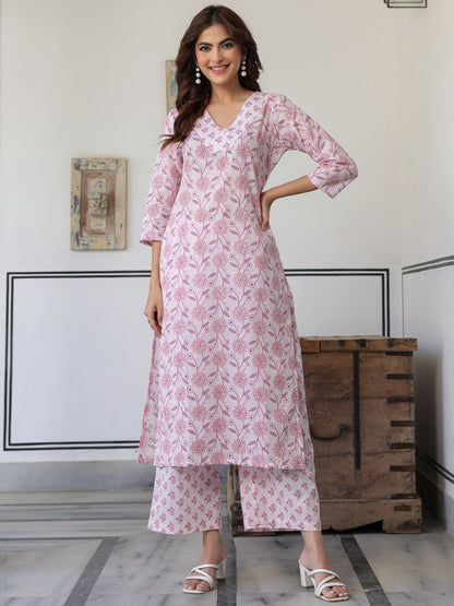 Light Pink Pure Cotton Floral Printed Straight Kurta Pant Set