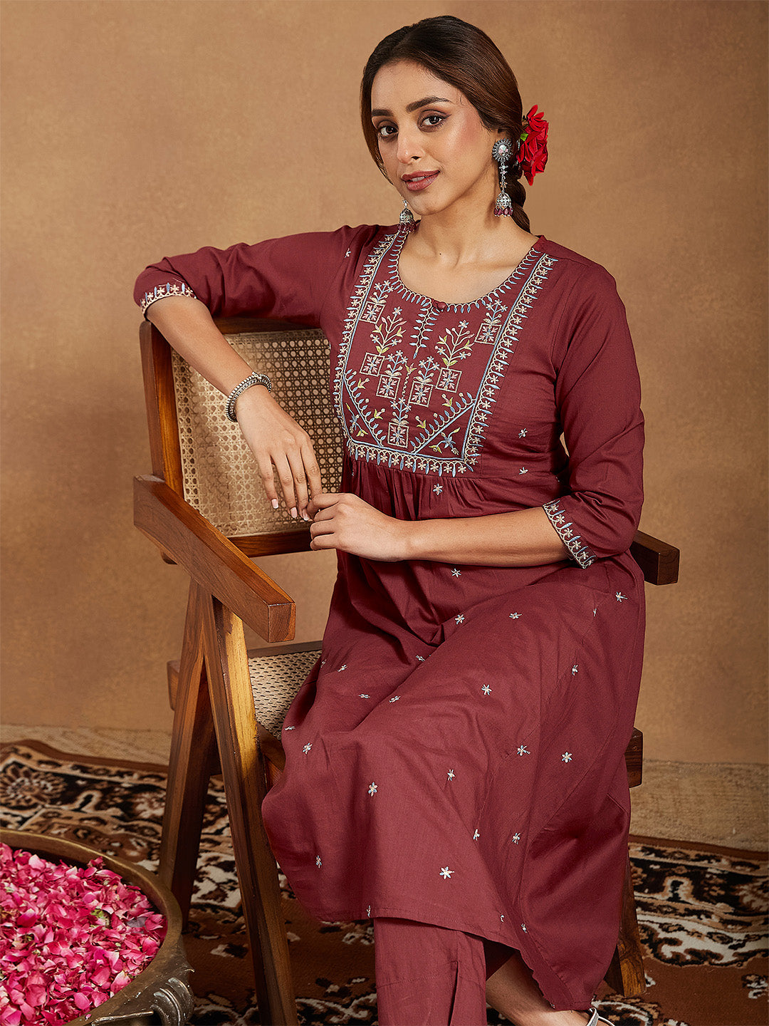 Janasya Women's Maroon Pure Cotton Embroidered A-line Kurta With Pant Set