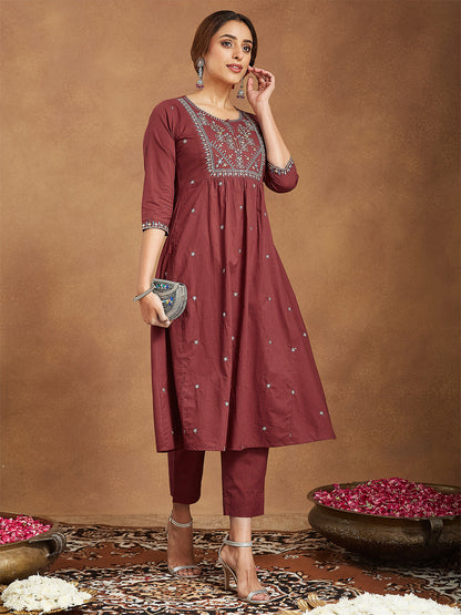 Janasya Women's Maroon Pure Cotton Embroidered A-line Kurta With Pant Set