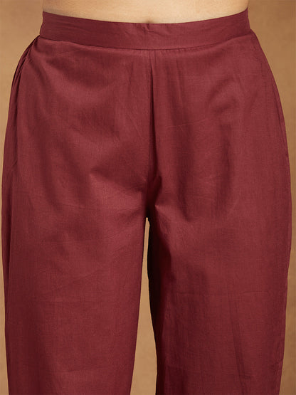 Janasya Women's Maroon Pure Cotton Embroidered A-line Kurta With Pant Set