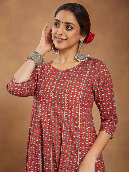 Janasya Women's Red Pure Cotton Floral Printed Anarkali Kurta With Palazzo Set
