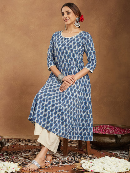 Janasya Women's Indigo Blue & Beige Pure Cotton Paisley Printed Anarkali Kurta With Palazzo Set