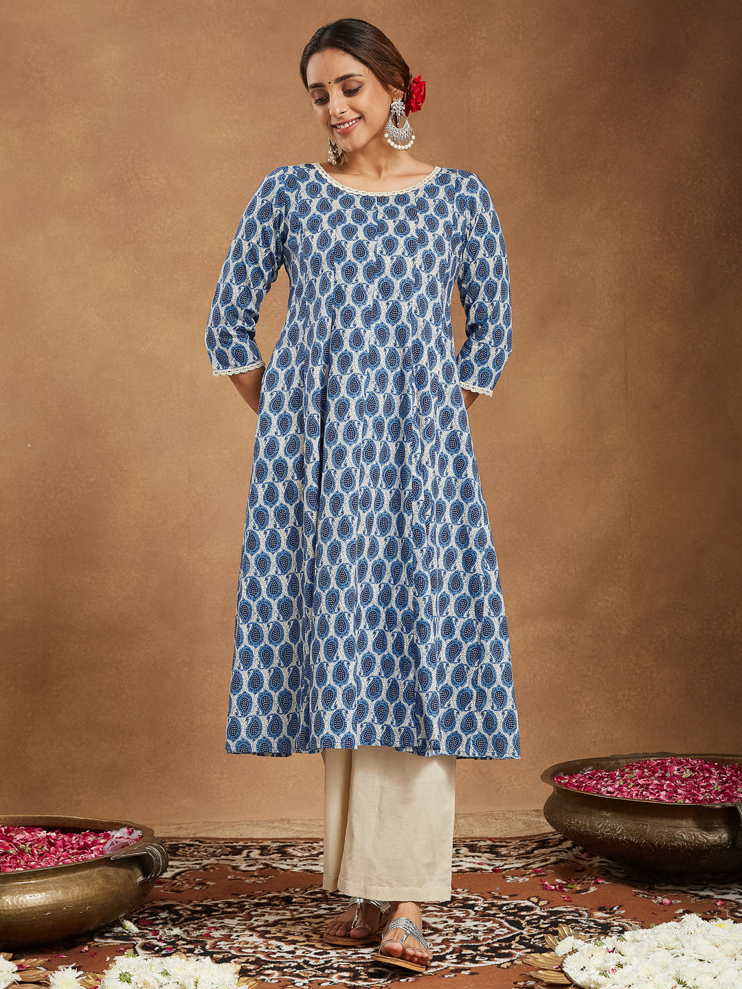 Janasya Women's Indigo Blue & Beige Pure Cotton Paisley Printed Anarkali Kurta With Palazzo Set