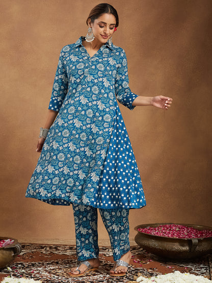 Janasya Women's Blue Pure Cotton Floral Printed A-line Kurta Set