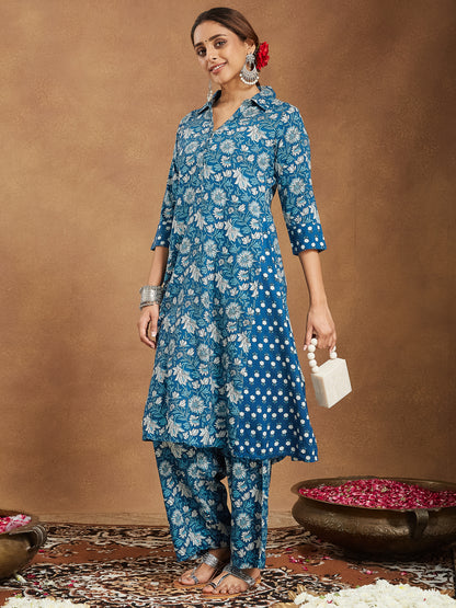 Janasya Women's Blue Pure Cotton Floral Printed A-line Kurta Set