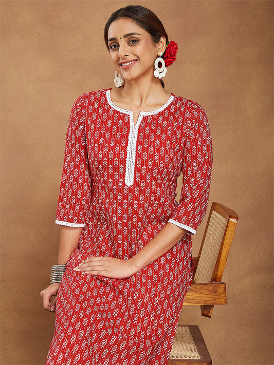 Janasya Women's Red Pure Cotton Ethnic Motifs Printed Straight Kurta Pant Set