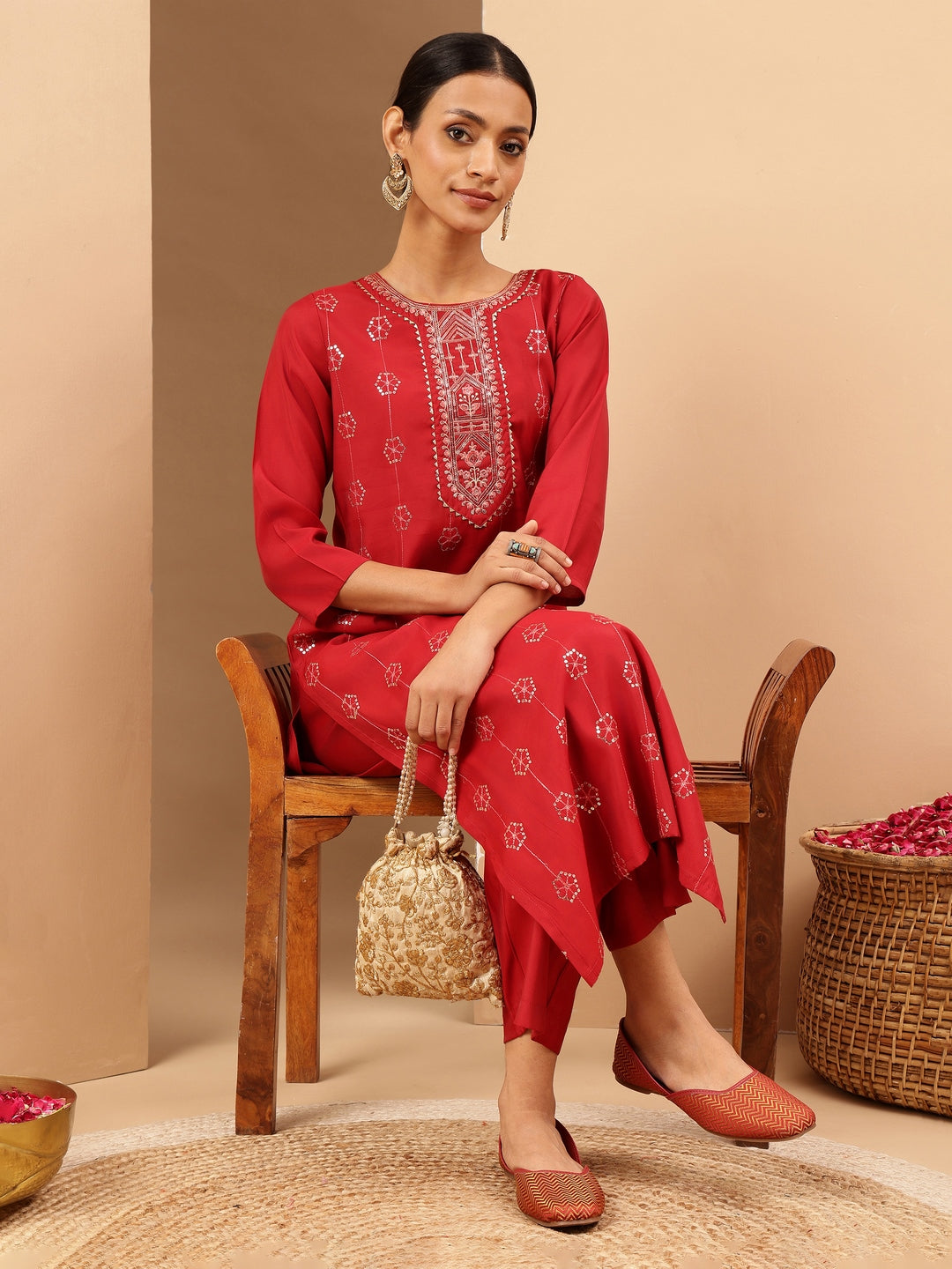 Janasya Women's Red Chanderi Silk Embellished Straight Kurta Pant Set