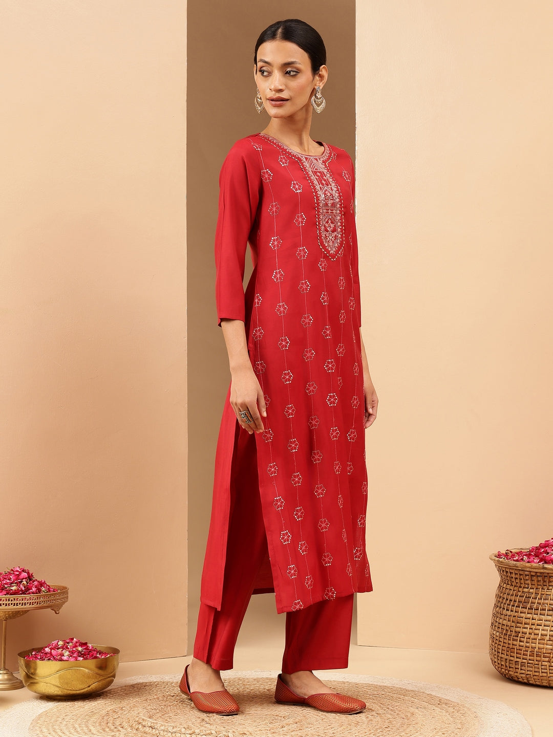 Janasya Women's Red Chanderi Silk Embellished Straight Kurta Pant Set