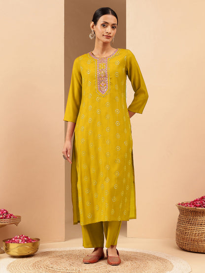 Janasya Women's Mustard Chanderi Silk Embellished Straight Kurta Pant Set